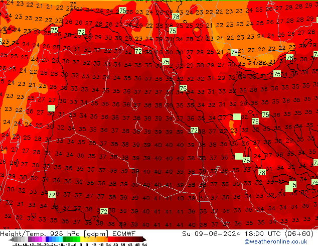 Height/Temp. 925 hPa ECMWF Su 09.06.2024 18 UTC