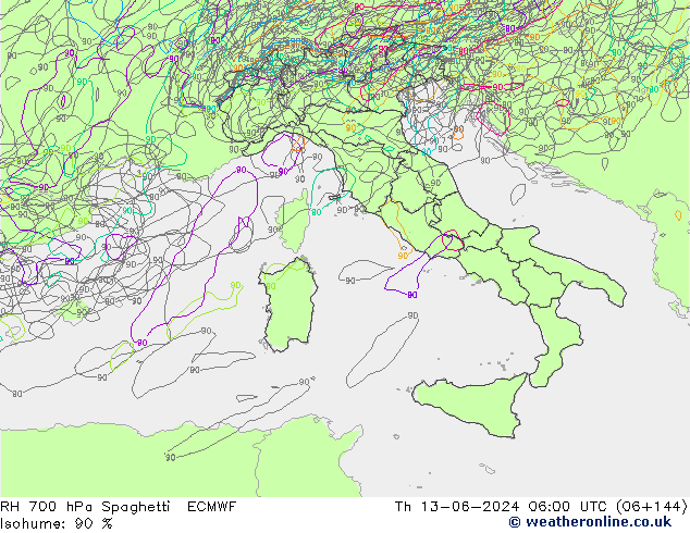 Humedad rel. 700hPa Spaghetti ECMWF jue 13.06.2024 06 UTC