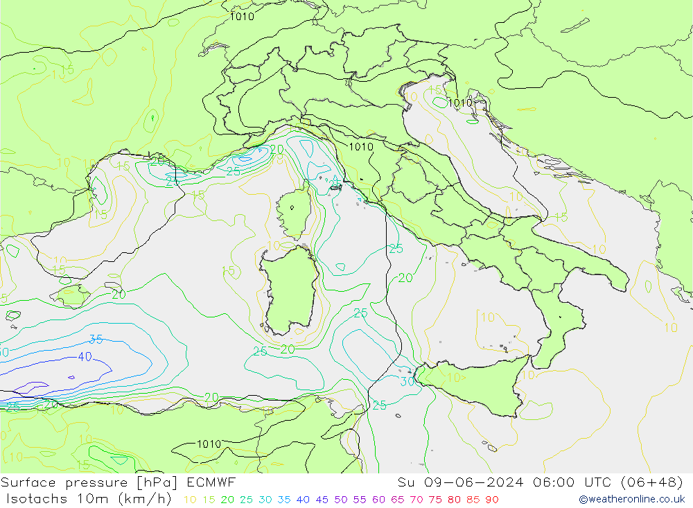 Isotachs (kph) ECMWF  09.06.2024 06 UTC