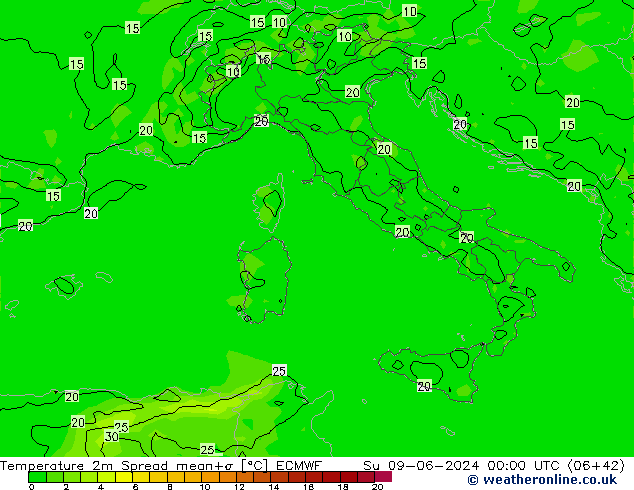 Temperatuurkaart Spread ECMWF zo 09.06.2024 00 UTC