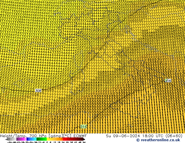 Geop./Temp. 700 hPa ECMWF dom 09.06.2024 18 UTC