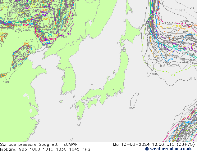 Surface pressure Spaghetti ECMWF Mo 10.06.2024 12 UTC