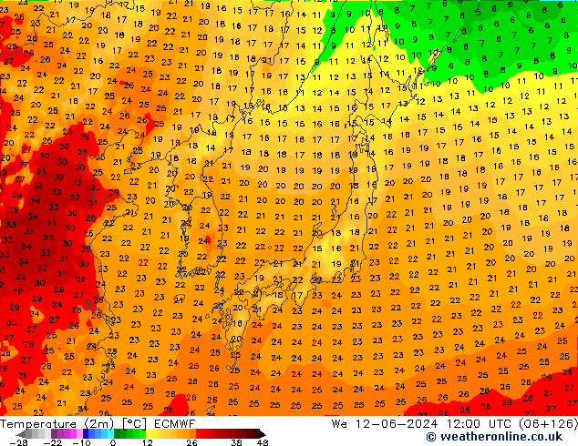 Temperatura (2m) ECMWF Qua 12.06.2024 12 UTC