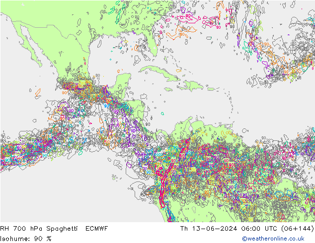 RH 700 hPa Spaghetti ECMWF Th 13.06.2024 06 UTC