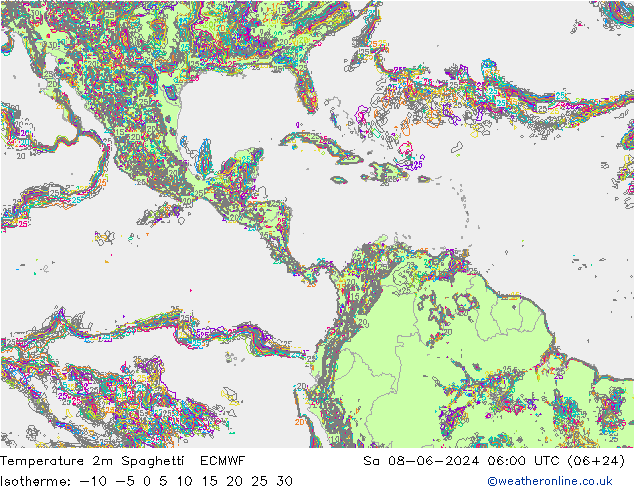 карта температуры Spaghetti ECMWF сб 08.06.2024 06 UTC