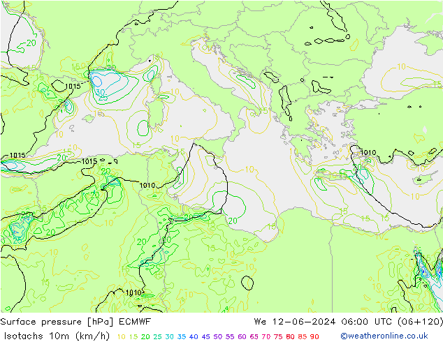 Isotachen (km/h) ECMWF wo 12.06.2024 06 UTC