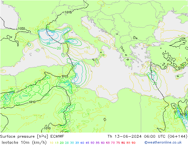 Isotachs (kph) ECMWF Čt 13.06.2024 06 UTC