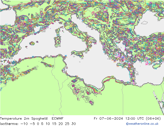 Temperature 2m Spaghetti ECMWF Fr 07.06.2024 12 UTC