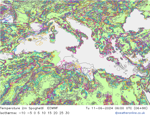 Temperatura 2m Spaghetti ECMWF Ter 11.06.2024 06 UTC