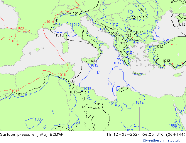 Pressione al suolo ECMWF gio 13.06.2024 06 UTC