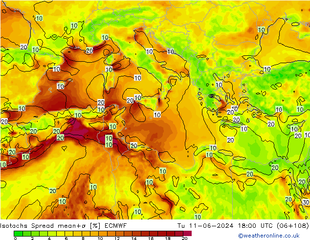 Isotachs Spread ECMWF Tu 11.06.2024 18 UTC