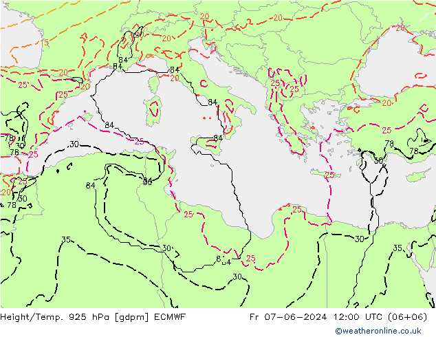 Height/Temp. 925 hPa ECMWF Fr 07.06.2024 12 UTC