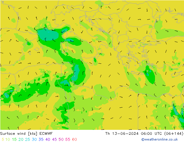 wiatr 10 m ECMWF czw. 13.06.2024 06 UTC