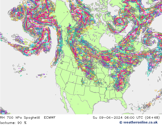 RH 700 hPa Spaghetti ECMWF Su 09.06.2024 06 UTC