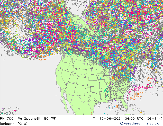 RH 700 hPa Spaghetti ECMWF Th 13.06.2024 06 UTC