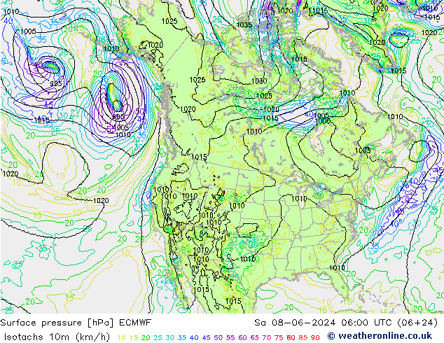 Isotachs (kph) ECMWF sab 08.06.2024 06 UTC