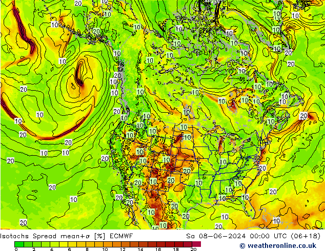 Isotachs Spread ECMWF сб 08.06.2024 00 UTC