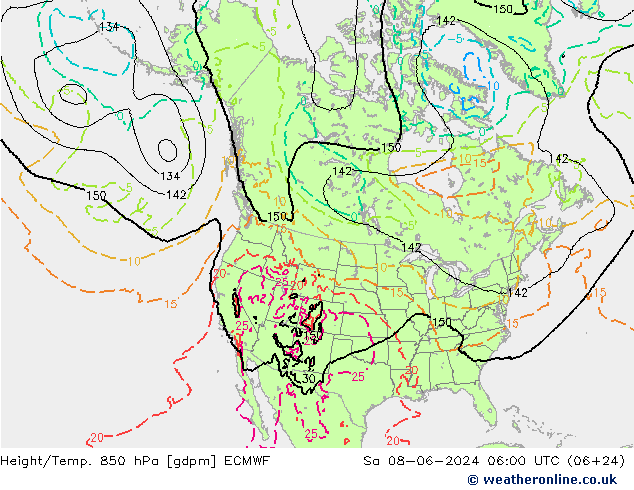 Géop./Temp. 850 hPa ECMWF sam 08.06.2024 06 UTC