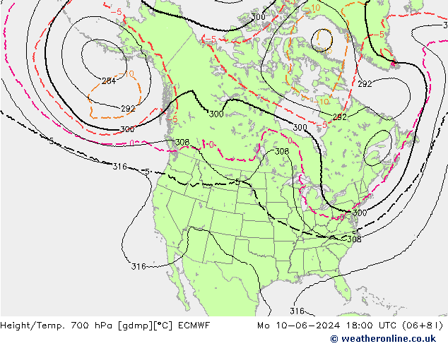 Height/Temp. 700 hPa ECMWF Mo 10.06.2024 18 UTC