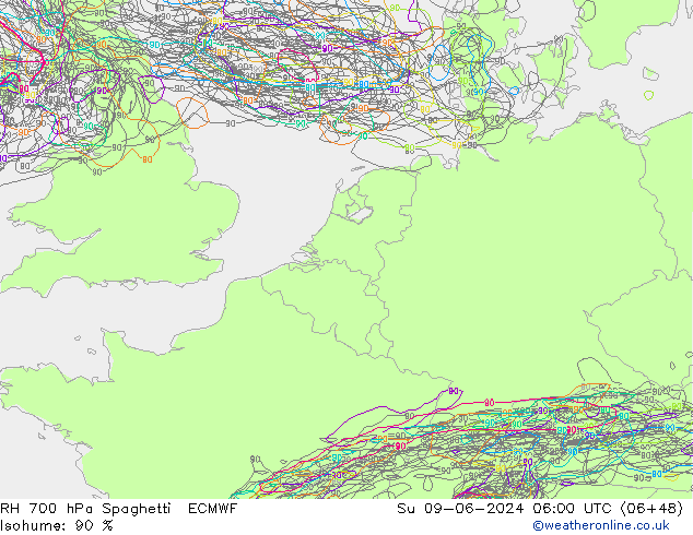 RH 700 hPa Spaghetti ECMWF Ne 09.06.2024 06 UTC