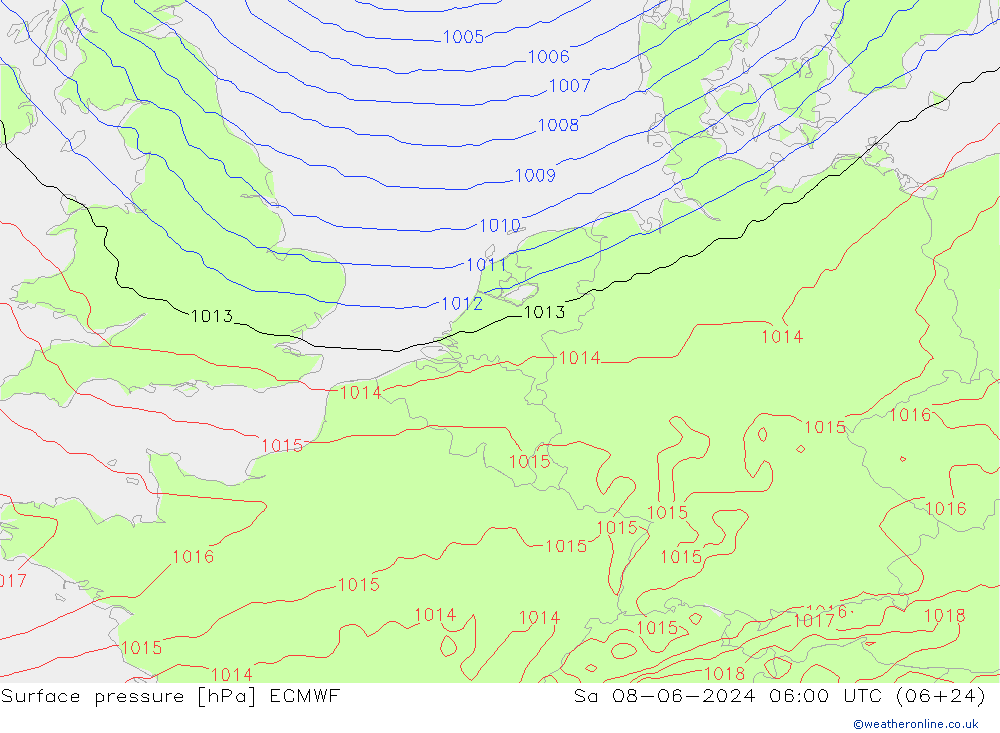 Surface pressure ECMWF Sa 08.06.2024 06 UTC