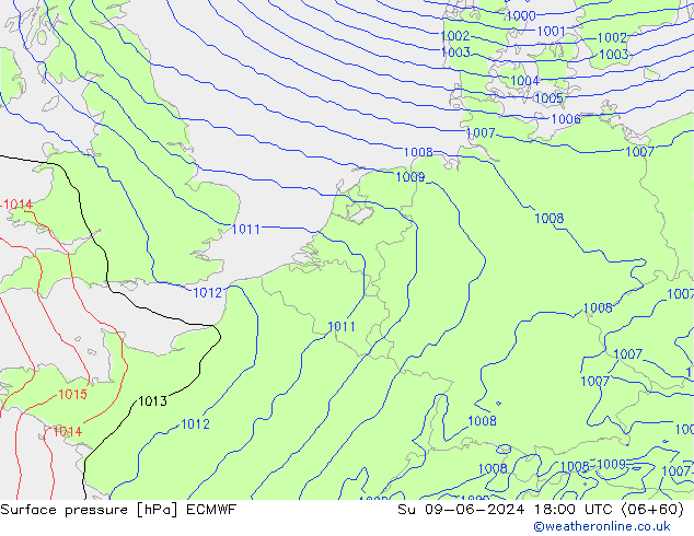 Atmosférický tlak ECMWF Ne 09.06.2024 18 UTC