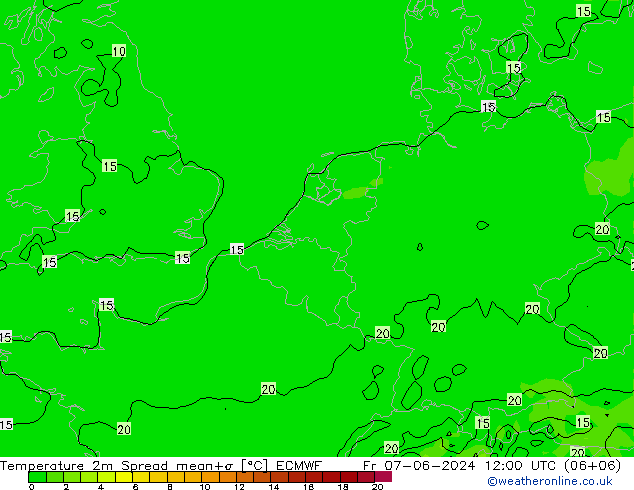 Temperature 2m Spread ECMWF Fr 07.06.2024 12 UTC