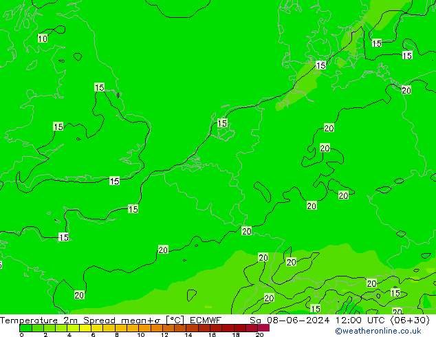 Temperatura 2m Spread ECMWF Sáb 08.06.2024 12 UTC