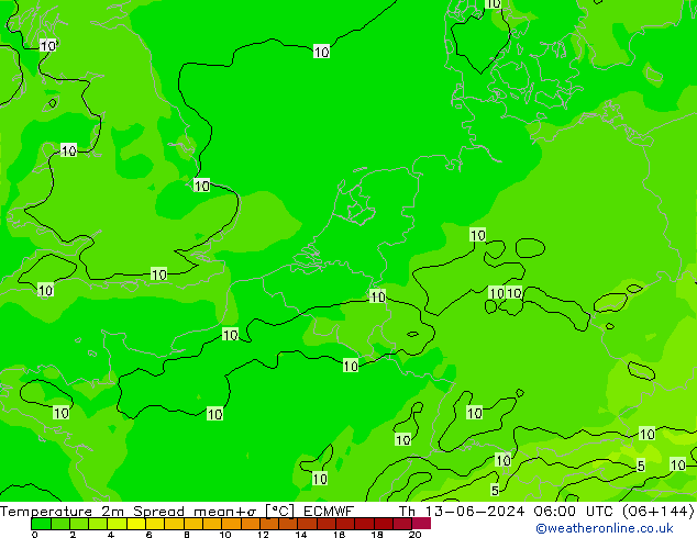 température 2m Spread ECMWF jeu 13.06.2024 06 UTC