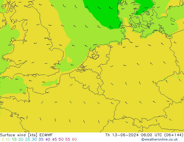 wiatr 10 m ECMWF czw. 13.06.2024 06 UTC