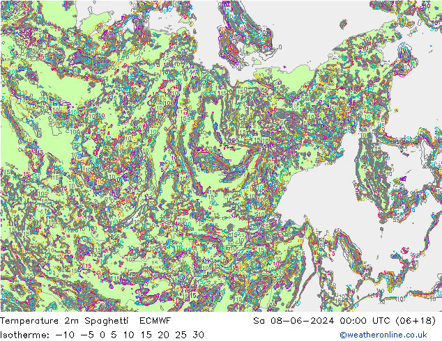 Temperature 2m Spaghetti ECMWF Sa 08.06.2024 00 UTC