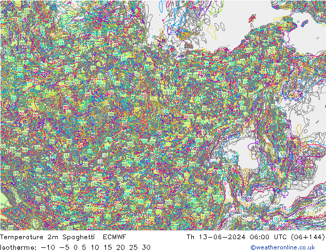Temperatura 2m Spaghetti ECMWF gio 13.06.2024 06 UTC