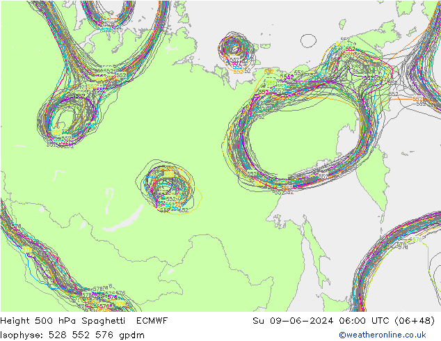 Geop. 500 hPa Spaghetti ECMWF dom 09.06.2024 06 UTC