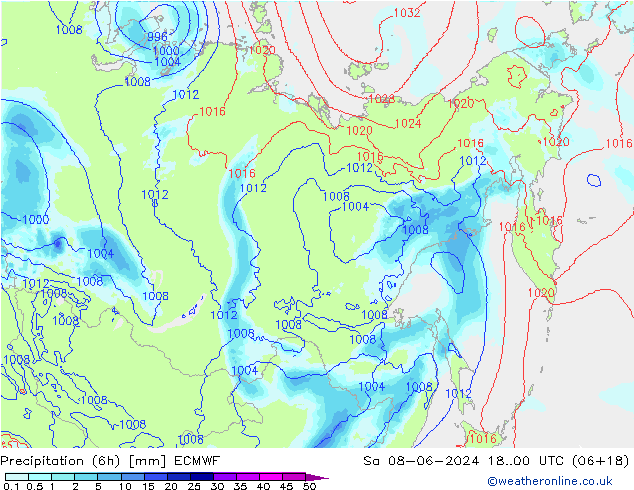 Precipitation (6h) ECMWF Sa 08.06.2024 00 UTC