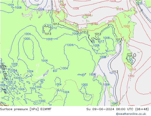 Luchtdruk (Grond) ECMWF zo 09.06.2024 06 UTC