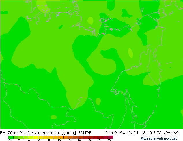 RH 700 hPa Spread ECMWF nie. 09.06.2024 18 UTC