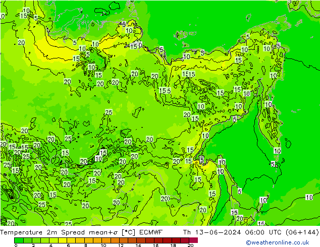 Temperatura 2m Spread ECMWF gio 13.06.2024 06 UTC