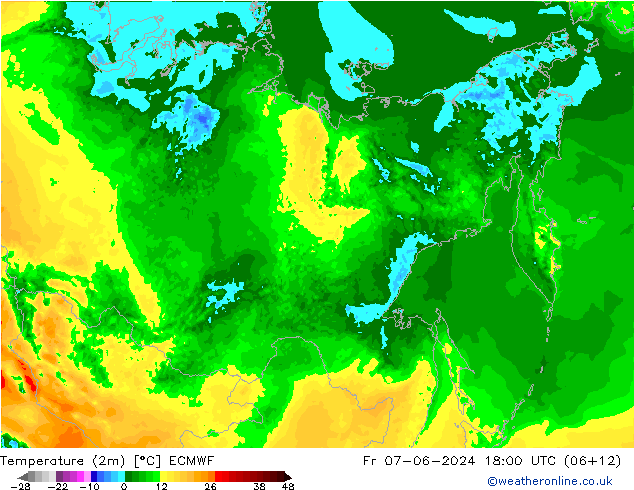 Temperature (2m) ECMWF Pá 07.06.2024 18 UTC