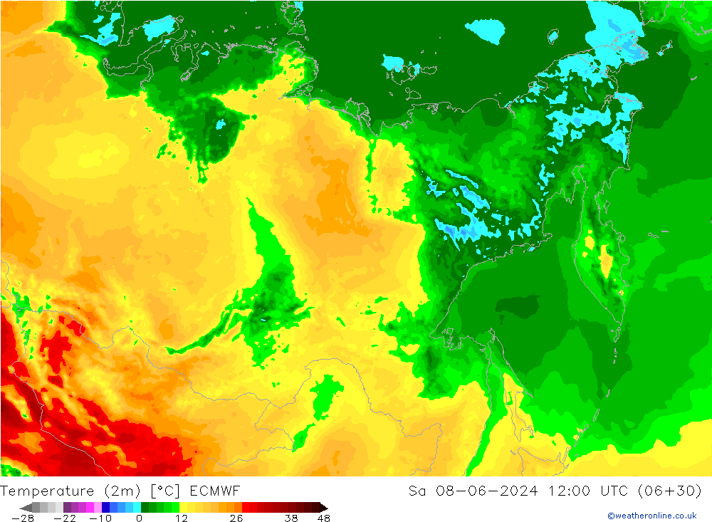 mapa temperatury (2m) ECMWF so. 08.06.2024 12 UTC