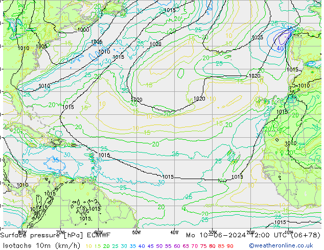 Isotachen (km/h) ECMWF ma 10.06.2024 12 UTC