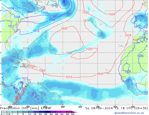 Precipitation (6h) ECMWF Sa 08.06.2024 18 UTC