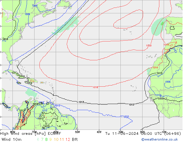 High wind areas ECMWF Út 11.06.2024 06 UTC