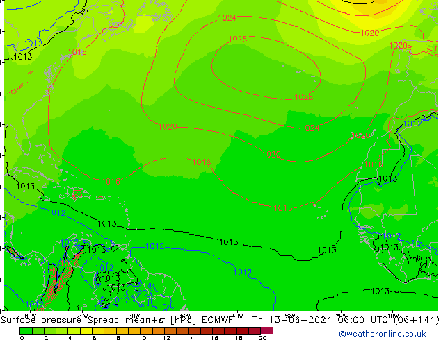 pressão do solo Spread ECMWF Qui 13.06.2024 06 UTC