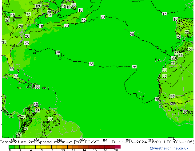 Temperatura 2m Spread ECMWF mar 11.06.2024 18 UTC