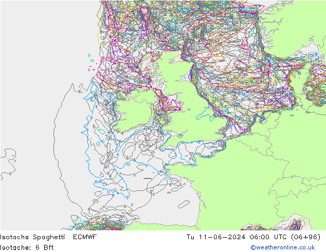 Isotachs Spaghetti ECMWF Tu 11.06.2024 06 UTC