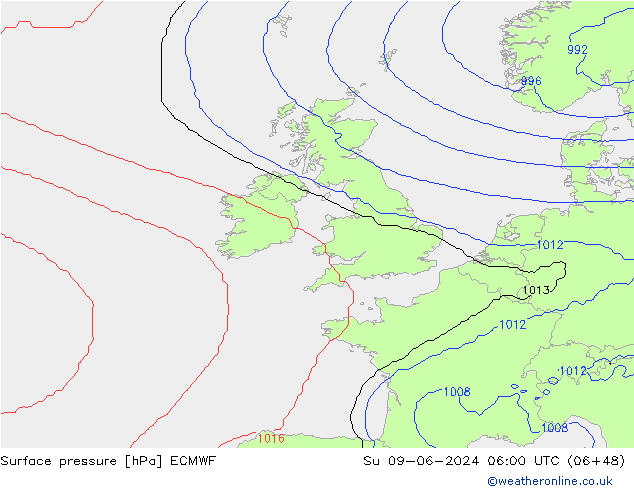 Luchtdruk (Grond) ECMWF zo 09.06.2024 06 UTC