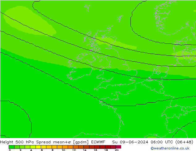 Height 500 гПа Spread ECMWF Вс 09.06.2024 06 UTC