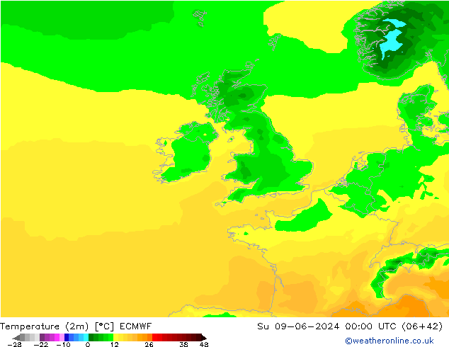 mapa temperatury (2m) ECMWF nie. 09.06.2024 00 UTC