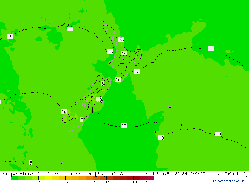 карта температуры Spread ECMWF чт 13.06.2024 06 UTC