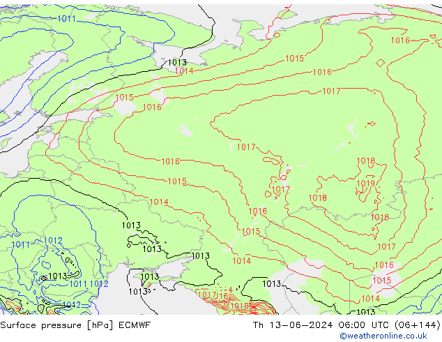 Pressione al suolo ECMWF gio 13.06.2024 06 UTC